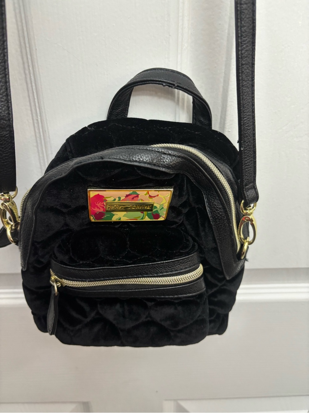Betsy Johnson Quilted Black Velvet Mini Crossbody Backback